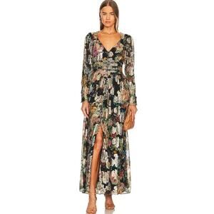 Hemant And Nandita Womens Maxi Dress Blouson Sleeve Metallic Floral Black XS NWT